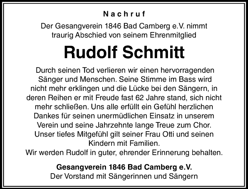  Traueranzeige für Rudolf Schmitt vom 08.12.2016 aus  Camberger Anzeiger