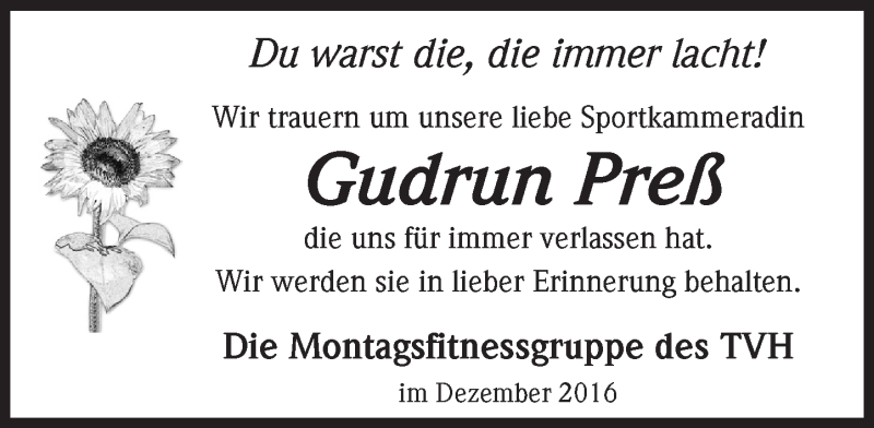  Traueranzeige für Gudrun Preß vom 10.12.2016 aus Trauerportal Rhein Main Presse