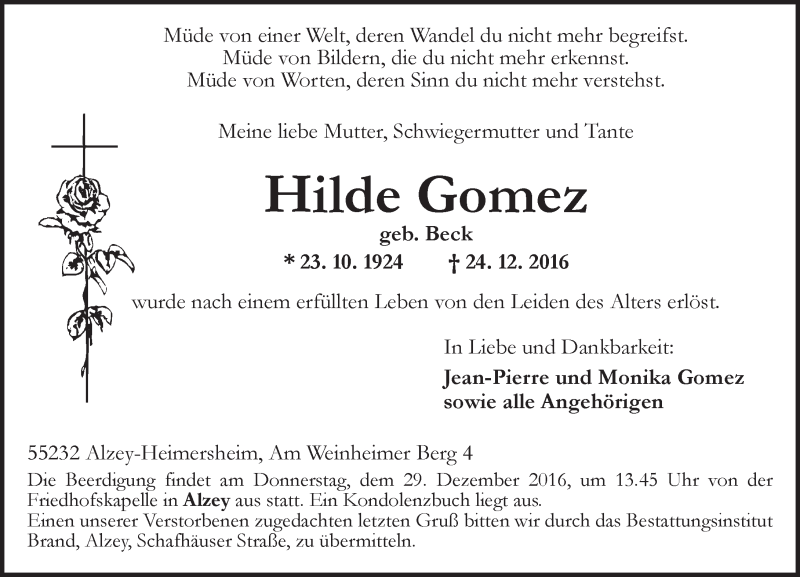  Traueranzeige für Hilde Gomez vom 28.12.2016 aus Trauerportal Rhein Main Presse