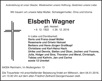 Traueranzeige von Elsbeth Wagner von Trauerportal Echo Online