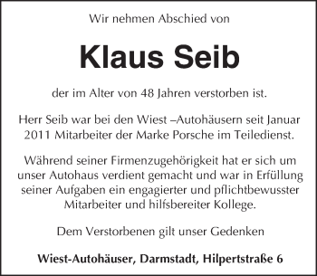 Traueranzeige von Klaus Seib von Trauerportal Echo Online