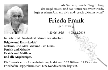 Traueranzeige von Frieda Frank von Trauerportal Echo Online