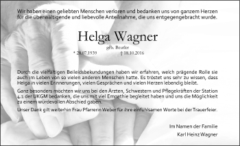 Traueranzeige von Helga Wagner von  Gießener Anzeiger