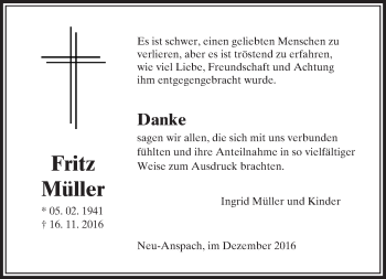 Traueranzeige von Fritz Müller von  Usinger Anzeiger