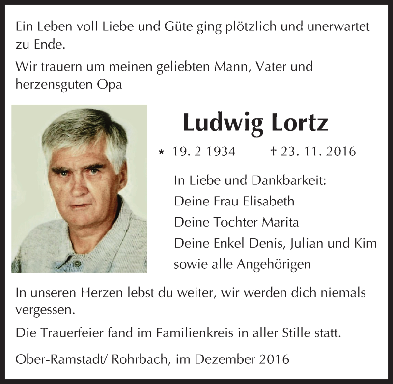  Traueranzeige für Ludwig Lortz vom 17.12.2016 aus Trauerportal Echo Online