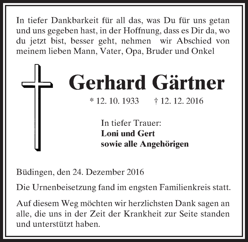  Traueranzeige für Gerhard Gärtner vom 24.12.2016 aus  Kreisanzeiger
