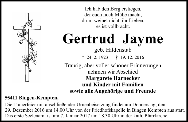  Traueranzeige für Gertrud Jayme vom 23.12.2016 aus Trauerportal Rhein Main Presse
