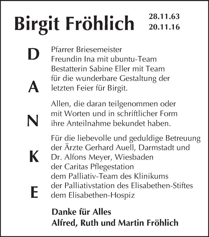  Traueranzeige für Birgit Fröhlich vom 10.12.2016 aus Trauerportal Echo Online