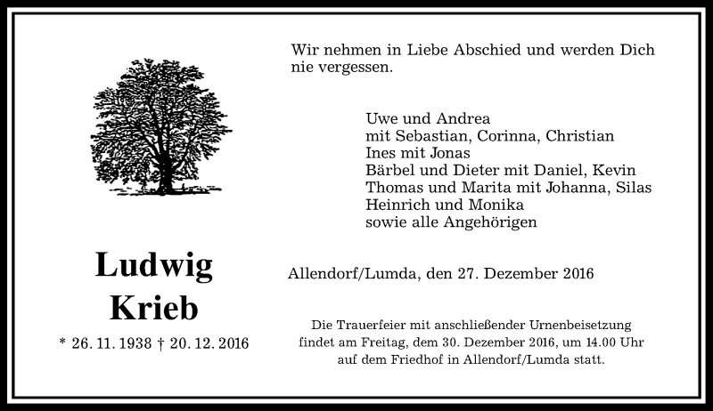  Traueranzeige für Ludwig Krieb vom 27.12.2016 aus  Gießener Anzeiger