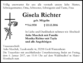 Traueranzeige von Gisela Richter von Trauerportal Rhein Main Presse