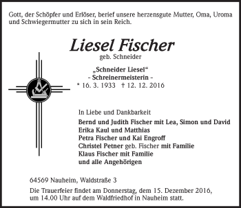 Traueranzeige von Liesel Fischer von Trauerportal Rhein Main Presse