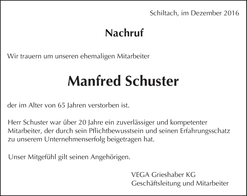 Traueranzeige für Manfred Schuster vom 12.12.2016 aus Trauerportal Echo Online