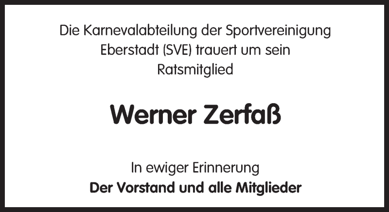  Traueranzeige für Werner Zerfaß vom 17.12.2016 aus Trauerportal Echo Online