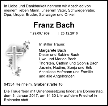 Traueranzeige von Franz Bach von Trauerportal Echo Online