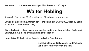 Traueranzeige von Walter Hebling von Trauerportal Rhein Main Presse