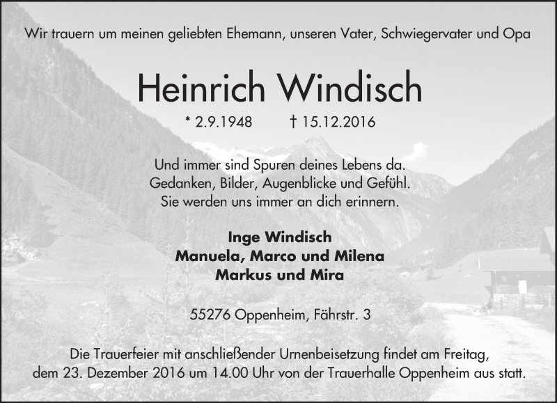  Traueranzeige für Heinrich Windisch vom 17.12.2016 aus Trauerportal Rhein Main Presse