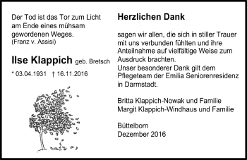 Traueranzeige von Ilse Klappich von Trauerportal Echo Online
