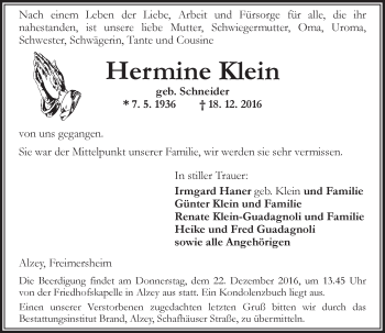 Traueranzeige von Hermine Klein von Trauerportal Rhein Main Presse