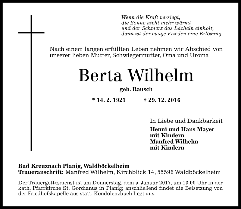  Traueranzeige für Berta Wilhelm vom 31.12.2016 aus Trauerportal Rhein Main Presse