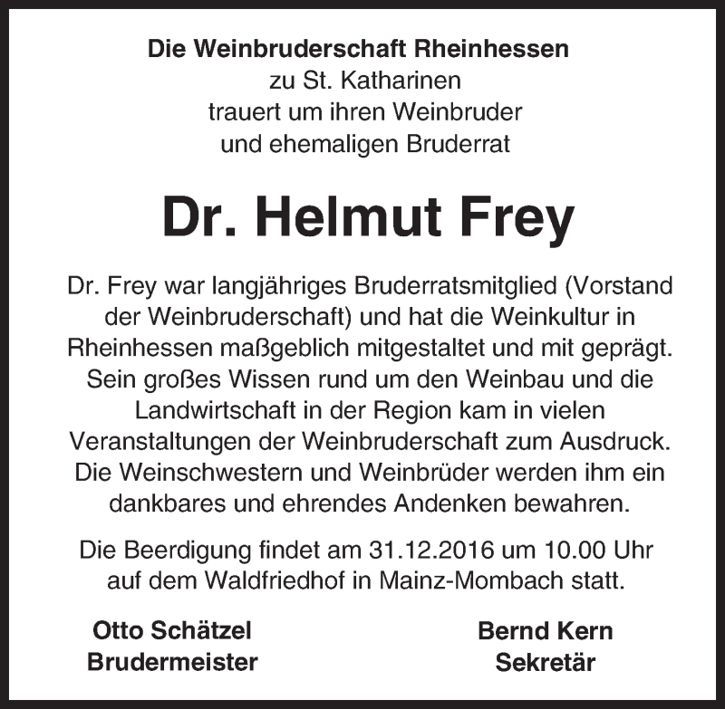  Traueranzeige für Helmut Frey vom 30.12.2016 aus Trauerportal Rhein Main Presse