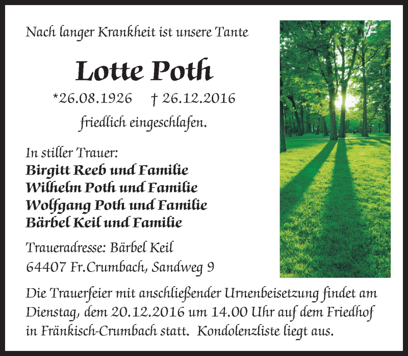  Traueranzeige für Lotte Poth vom 17.12.2016 aus Trauerportal Echo Online