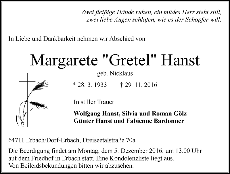  Traueranzeige für Margarete Gretel Hanst vom 03.12.2016 aus Trauerportal Echo Online