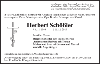 Traueranzeige von Herbert Schößler von Trauerportal Rhein Main Presse