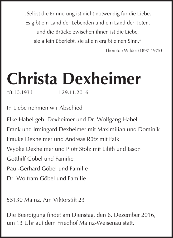  Traueranzeige für Christa Dexheimer vom 03.12.2016 aus Trauerportal Rhein Main Presse