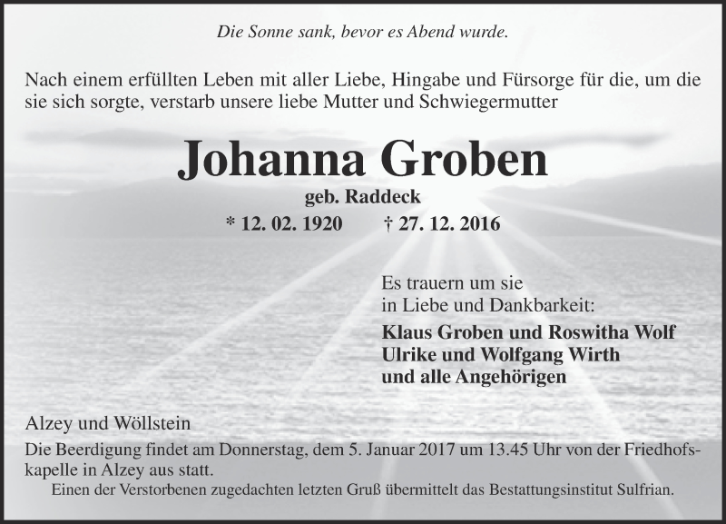  Traueranzeige für Johanna Groben vom 30.12.2016 aus Trauerportal Rhein Main Presse