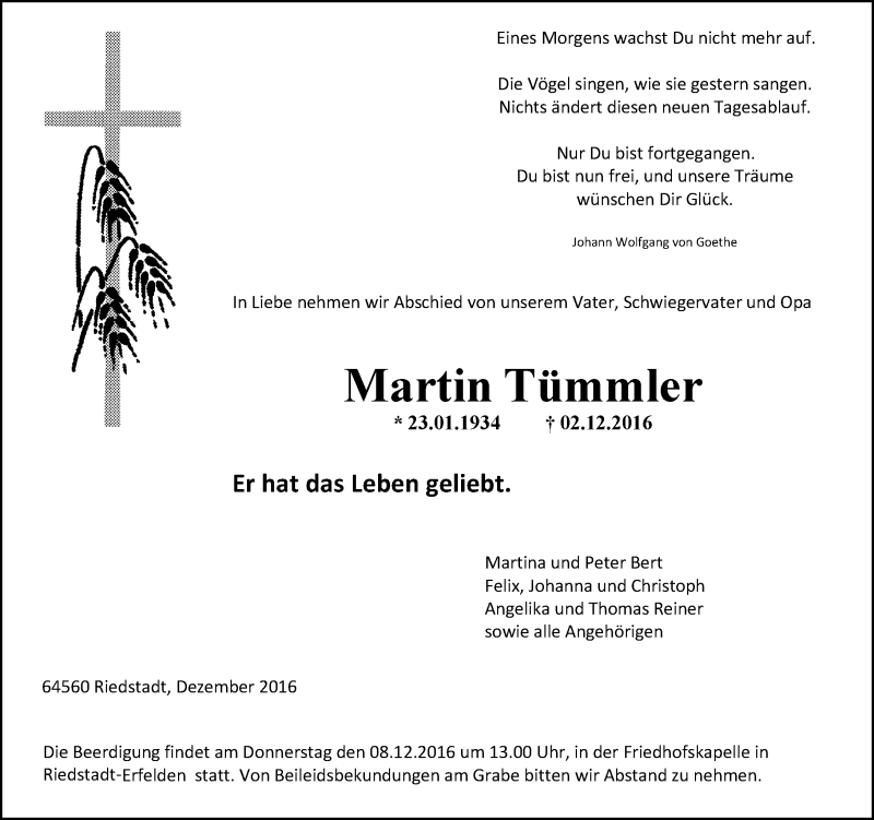  Traueranzeige für Martin Tümmler vom 06.12.2016 aus Trauerportal Echo Online