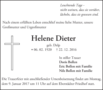 Traueranzeige von Helene Dieter von Trauerportal Echo Online