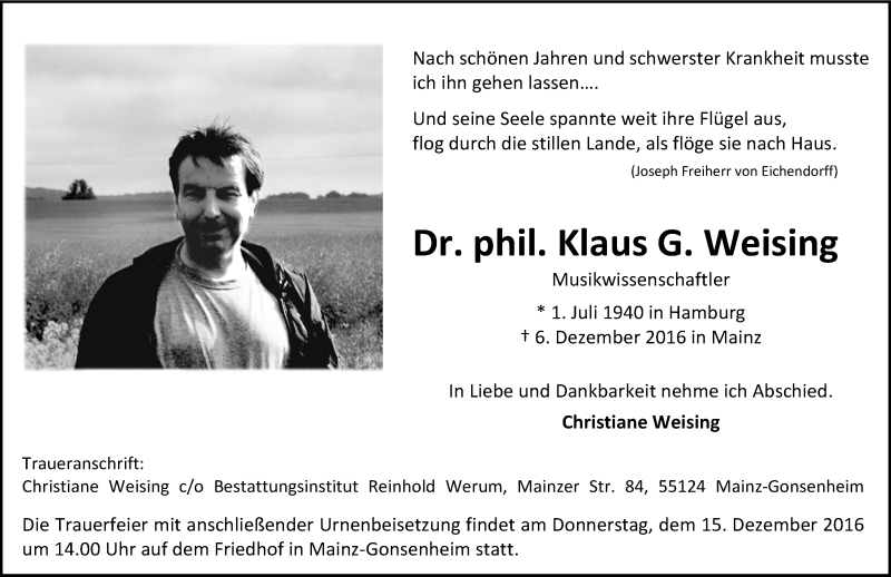  Traueranzeige für Klaus G. Weising vom 10.12.2016 aus Trauerportal Rhein Main Presse