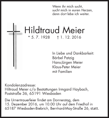 Traueranzeige von Hiltraud Meier von Trauerportal Rhein Main Presse