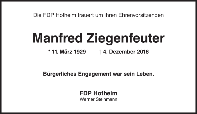  Traueranzeige für Manfred Ziegenfeuter vom 16.12.2016 aus Trauerportal Rhein Main Presse