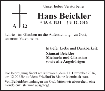 Traueranzeige von Hans Beickler von Trauerportal Rhein Main Presse