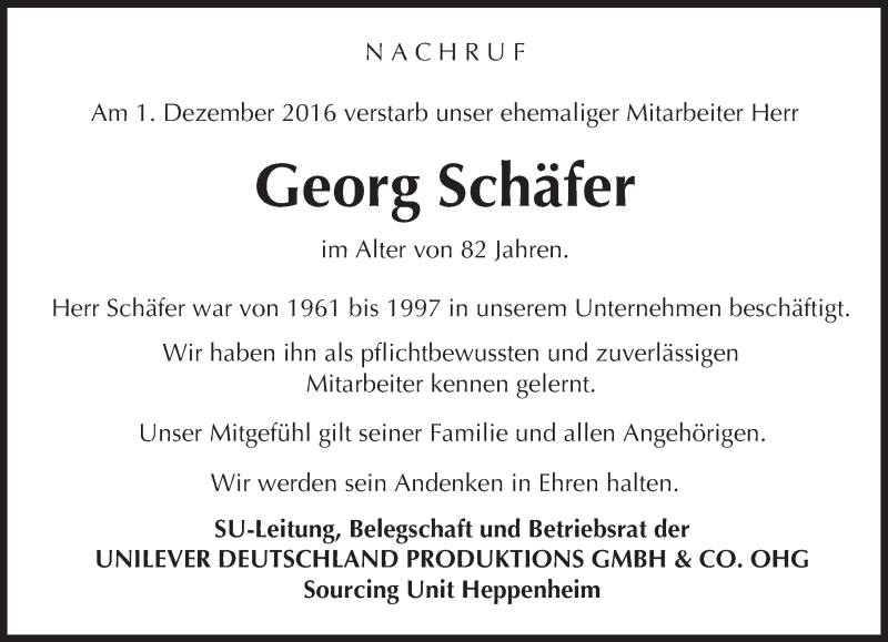  Traueranzeige für Georg Schäfer vom 10.12.2016 aus Trauerportal Echo Online
