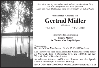 Traueranzeige von Gertrud Müller von Trauerportal Rhein Main Presse