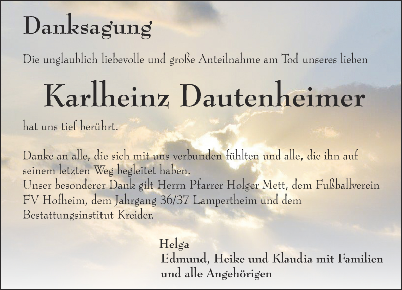  Traueranzeige für Karlheinz Dautenheimer vom 28.12.2016 aus Trauerportal Echo Online