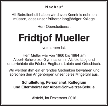 Traueranzeige von Fridtjof Mueller von VRM Trauer