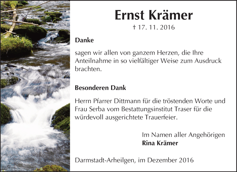  Traueranzeige für Ernst Krämer vom 24.12.2016 aus Trauerportal Echo Online