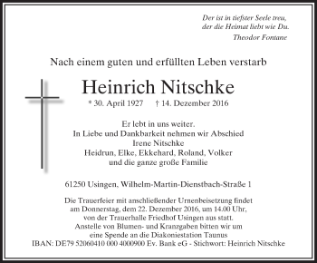 Traueranzeige von Heinrich Nitschke von  Usinger Anzeiger