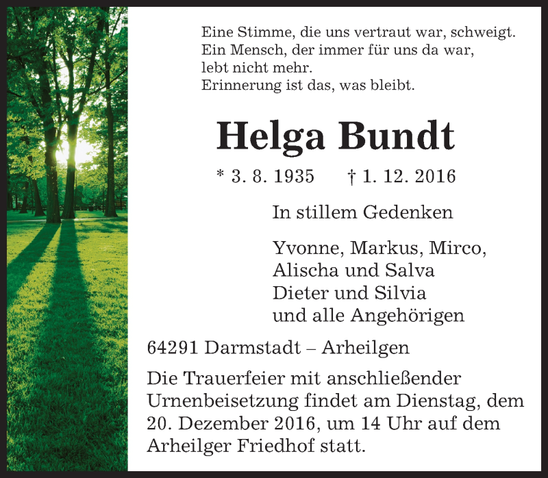  Traueranzeige für Helga Bundt vom 17.12.2016 aus Trauerportal Echo Online