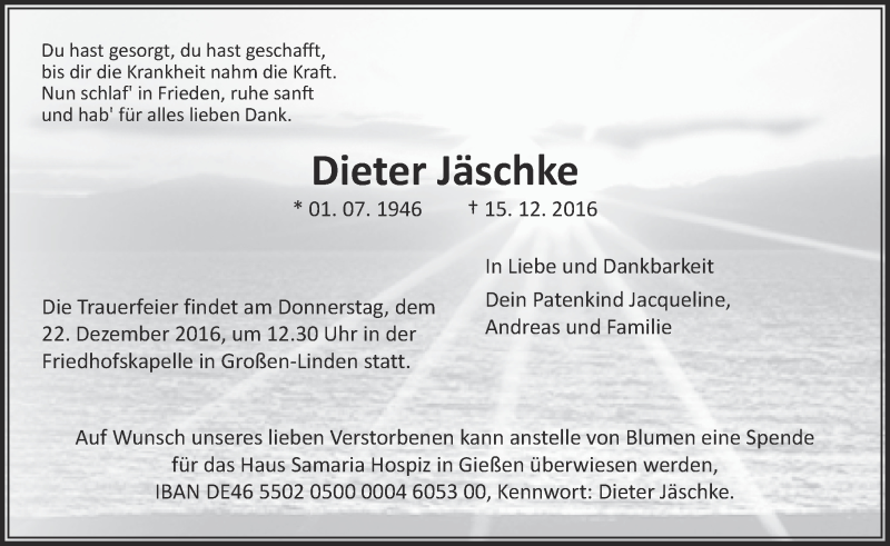  Traueranzeige für Dieter Jäschke vom 20.12.2016 aus  Gießener Anzeiger