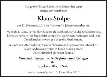 Traueranzeige von Klaus Stolpe von Trauerportal Rhein Main Presse