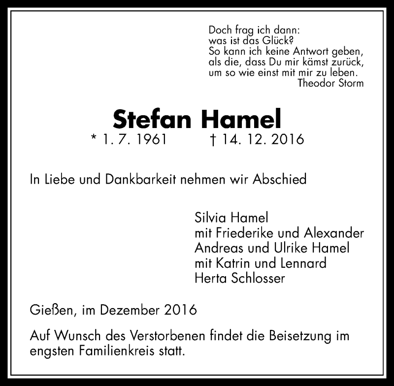  Traueranzeige für Stefan Hamel vom 17.12.2016 aus  Gießener Anzeiger
