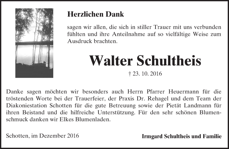  Traueranzeige für Walter  Schultheis vom 17.12.2016 aus  Kreisanzeiger