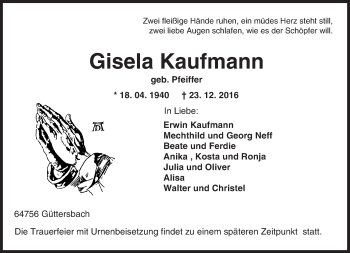 Traueranzeige von Gisela Kaufmann von Trauerportal Echo Online
