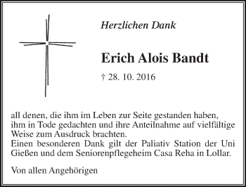 Traueranzeige von Erich Alois Bandt von  Gießener Anzeiger