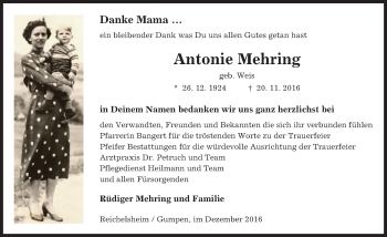 Traueranzeige von Antonie Mehring von Trauerportal Echo Online