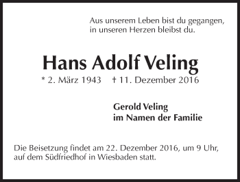 Traueranzeige von Hans Adolf Veling von Trauerportal Rhein Main Presse